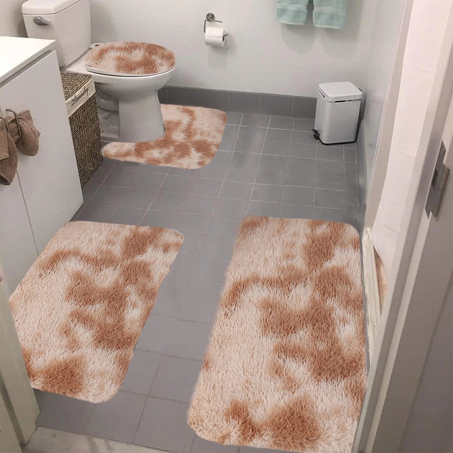 Set 4 Covorașe de Baie Antiderapante, material pufos, Crem