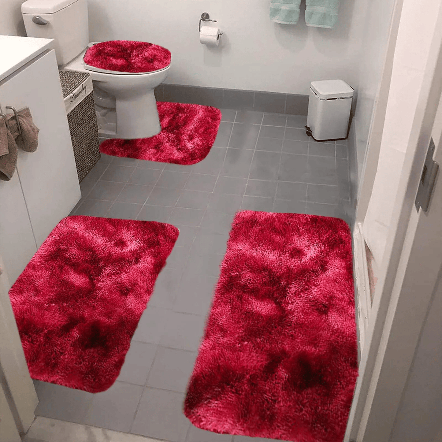 Set 4 Covorașe de Baie Antiderapante, material pufos, Roșu